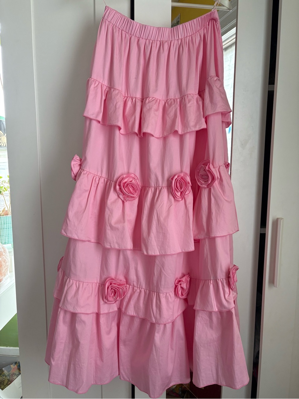 NWT Love the Label Pink Tiered Midi Skirt with Rosette Details size small